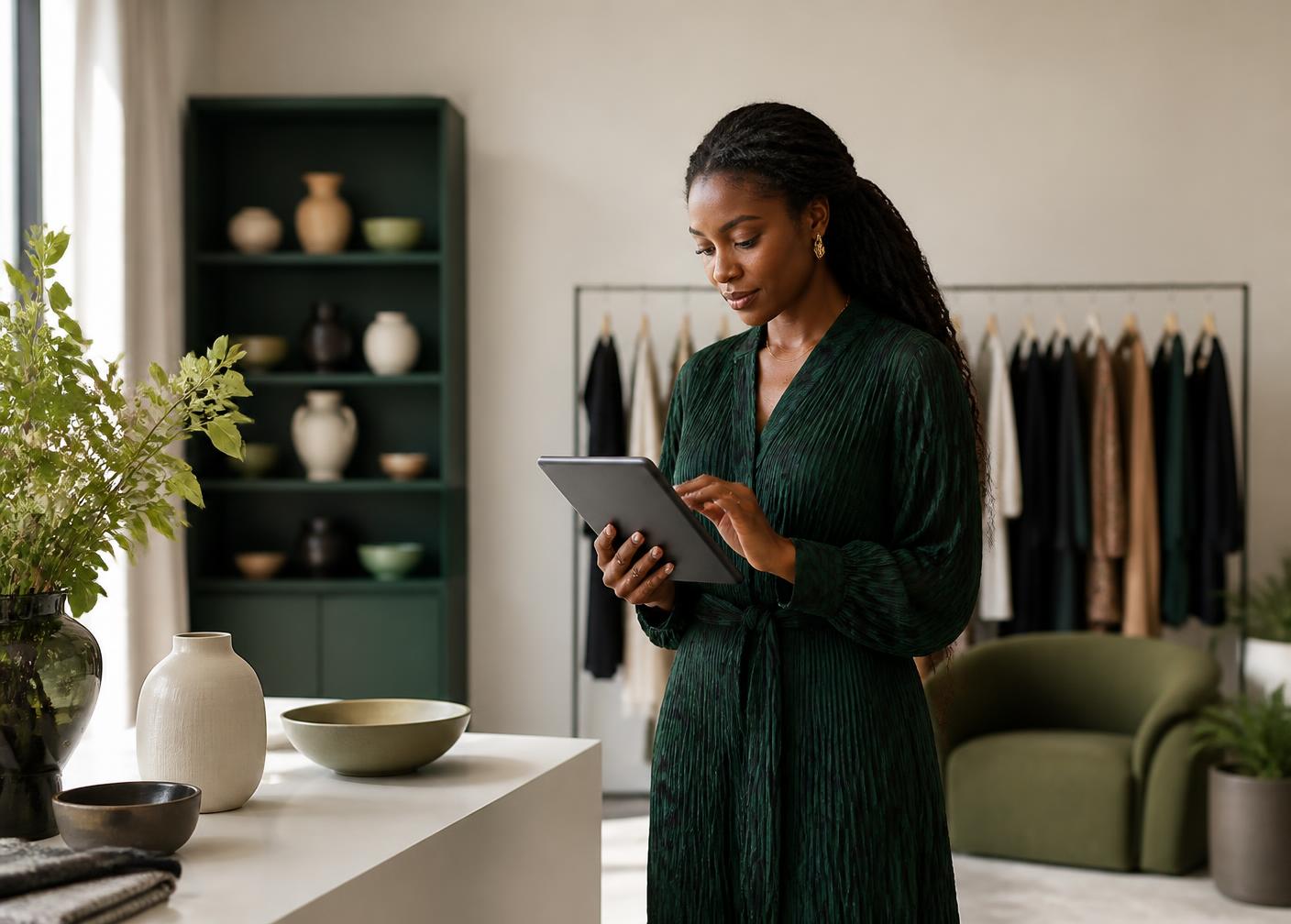 A Ghanaian-American business owner reviewing her operations